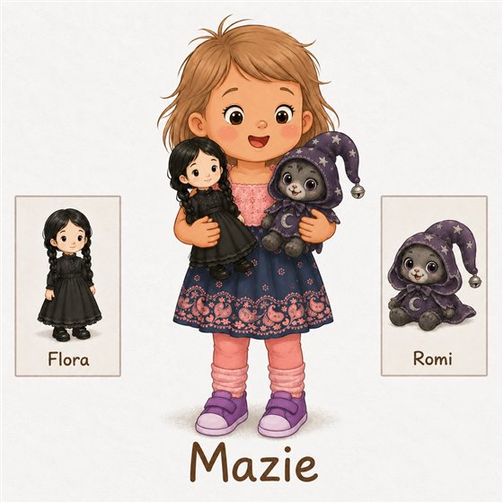 Mazie, Persephone's four-year-old sister, holding her two dolls Flora and Romi.